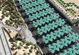 Recreación de cómo quedará el Anexo II y el aparcamiento desde una perspectiva cenital.