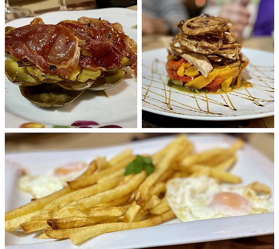 Flores de alcachofas, ensalada de pimientos y huevos fritos con papas fritas del Café Madrid