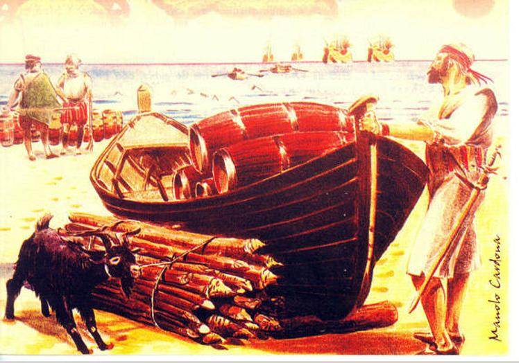 Dibujo a plumilla de Manolo Cardona que recrea la aguada de Colón en Maspalomas.