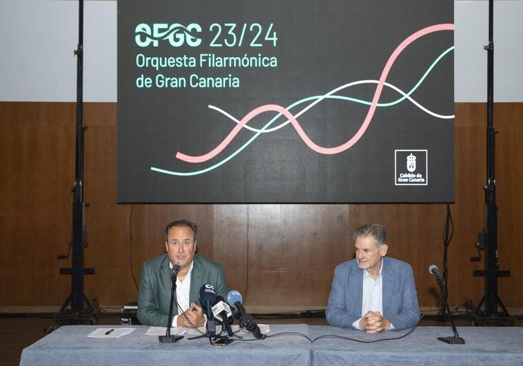 Karel Mark Chichón (a la izquierda) y Pedro Justo Brito, este jueves, en la sala Gabriel Rodó de la sede de la OFGC.