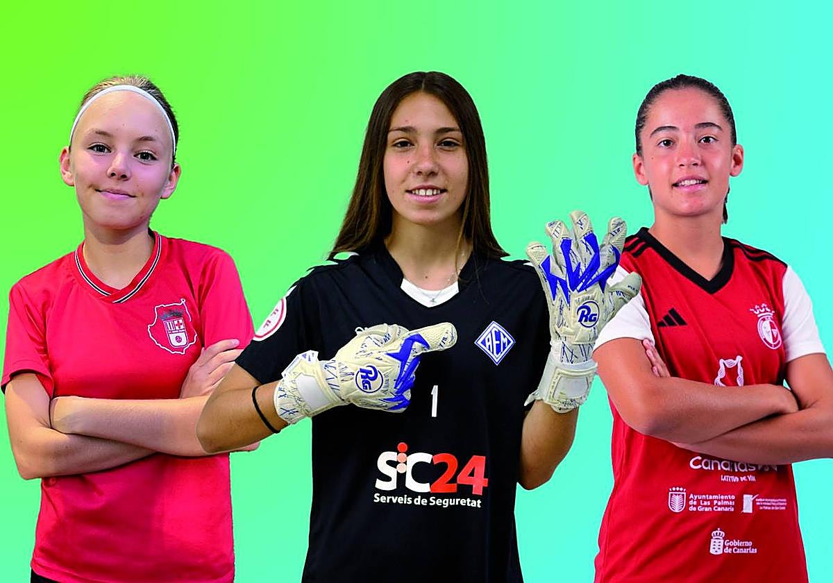 De izquierda a derecha: Sidney Cormier Smith (carrilera del Unión Viera C); Paula Coba (portera del AEM de Lérida) y Paula Hernández (centrocampista del Guiniguada).