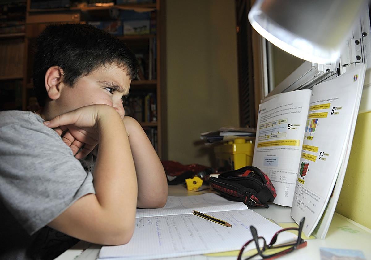 Foto de archivo de un escolar haciendo deberes.