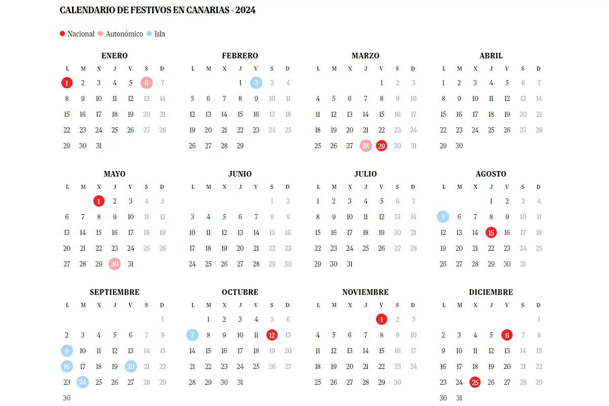 Calendario laboral 2024 en Canarias puentes y festivos Canarias7