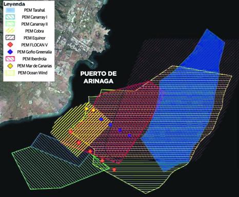 La imagen muestra la ubicación de diez proyectos de parques eólicos en el litoral insular. 