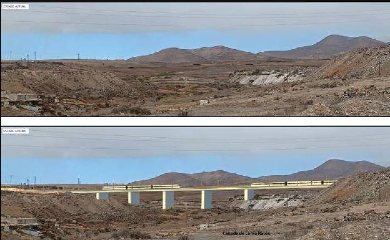 Estado actual del terreno e infografía del viaducto previsto para el tren en la cañada de Lomo Ratón. 