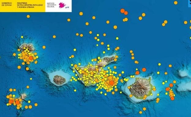 Imagen proporcionada por el Instituto Geográfico Nacional de la localización de los seísmos detectados en 2022 en el archipiélago. 