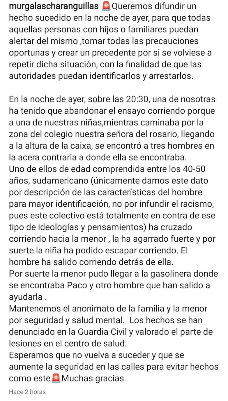 Comunicado publicado en el perfil de Instagram de la murga. 