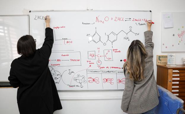 Dos alumnas del IES Isabel de España escriibiendo formulación química en la pizarra del laboratorio del centro. 