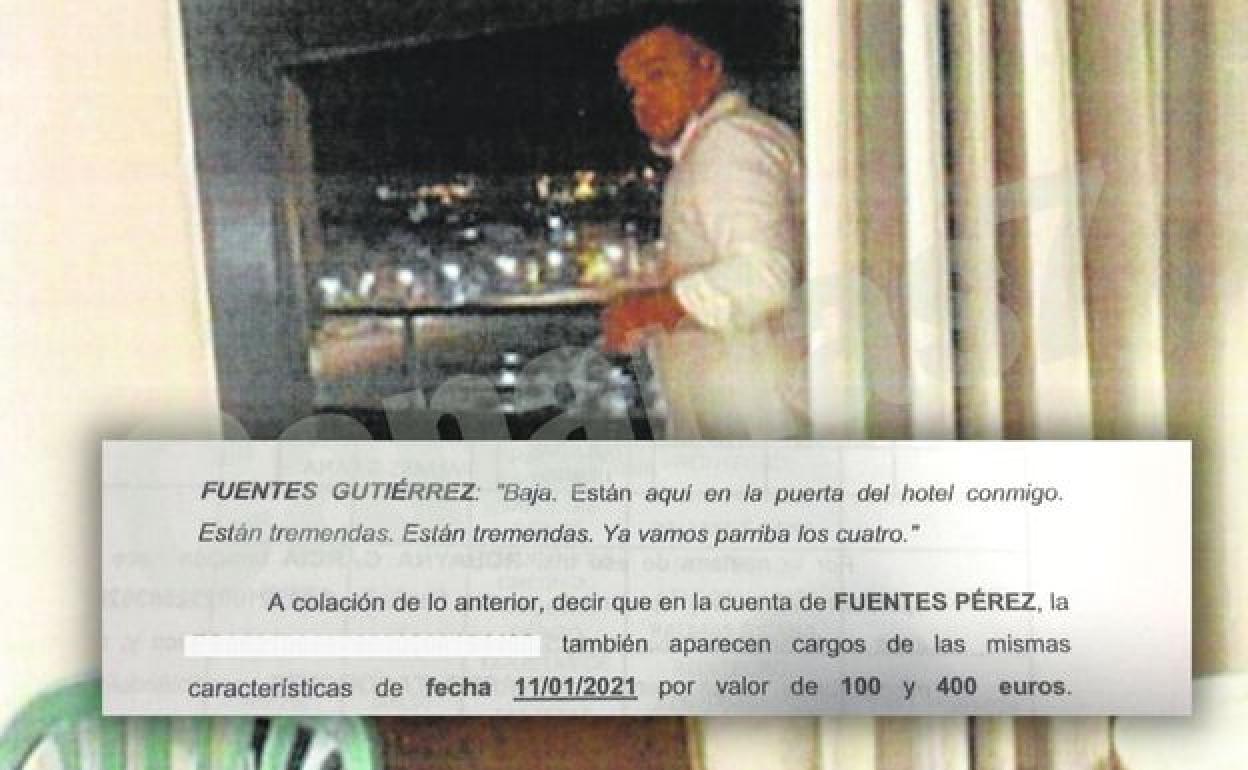 Taishet Fuentes, en albornoz en la habitación donde se celebró una de las fiestas. Sobre la imagen, un extracto de la investigación policial. 