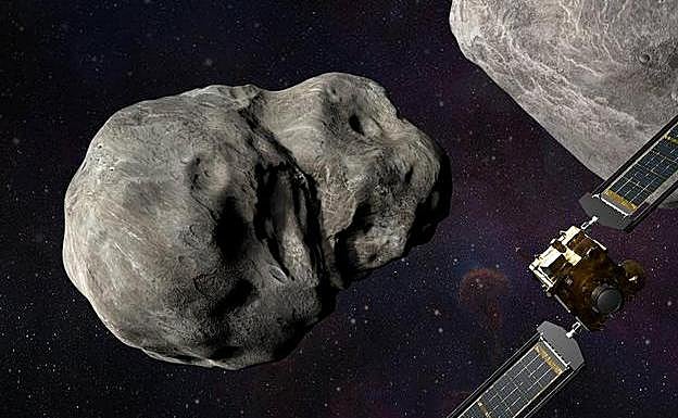 Ilustración de la nave espacial DART de la NASA y el LICIACube de la Agencia Espacial Italiana (ASI) antes del impacto en el sistema binario Didymos.