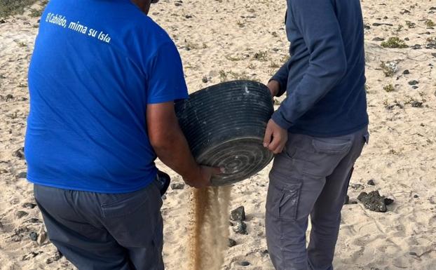 Dos alumnos del plan de empleo vierten el jable que los visitantes intentan sacar en avión tras finalizar las vacaciones. 