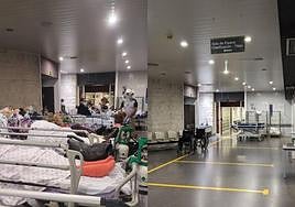 A la izquierda, la sala de espera de urgencias del Doctor Negrín durante la tarde de este martes. A la derecha, aspecto que presenta en la mañana de este miércoles la zona de triaje del centro hospitalario.