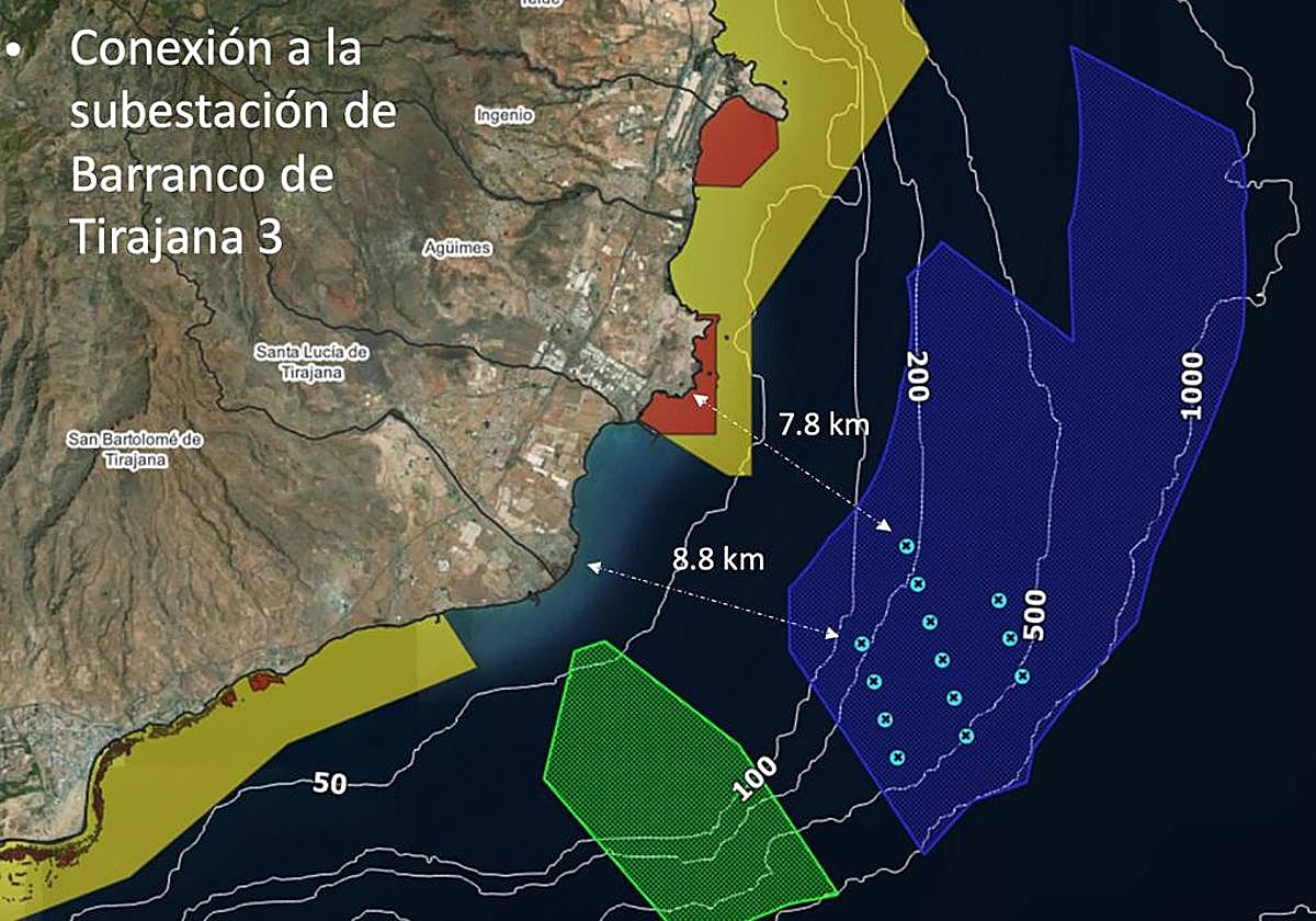 Ubicación proyectada para el parque eólico marino Tarahal en aguas del sureste.