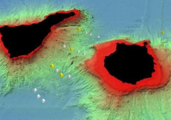 Imagen batimétrica de Tenerife, Gran Canaria y la costa majorera donde se aprecian los puntos donde se han colocado los sismómetros.