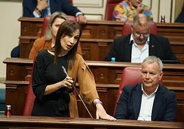 La diputada del grupo Socialista Nira Fierro formula una pregunta a Manuel Domínguez en el pleno del Parlamento de Canarias.
