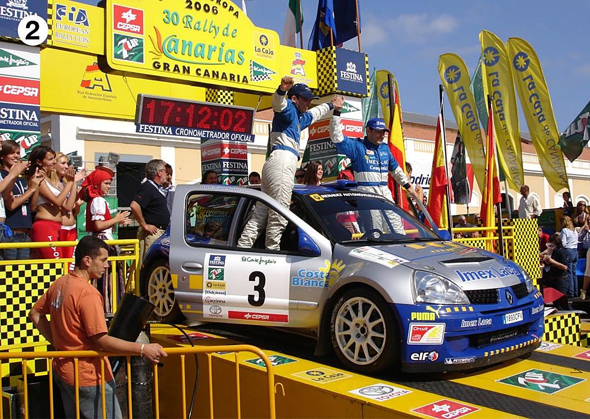 Imagen secundaria 1 - 1) Podio del año pasado, con Padrón, Bonato y Llarena.- 2) Miguel Fuster se coronó con su Clio S1600 dos décadas atrás. 3) Enrique Ojeda inscribió su nombre con su Peugeot 206 21600.