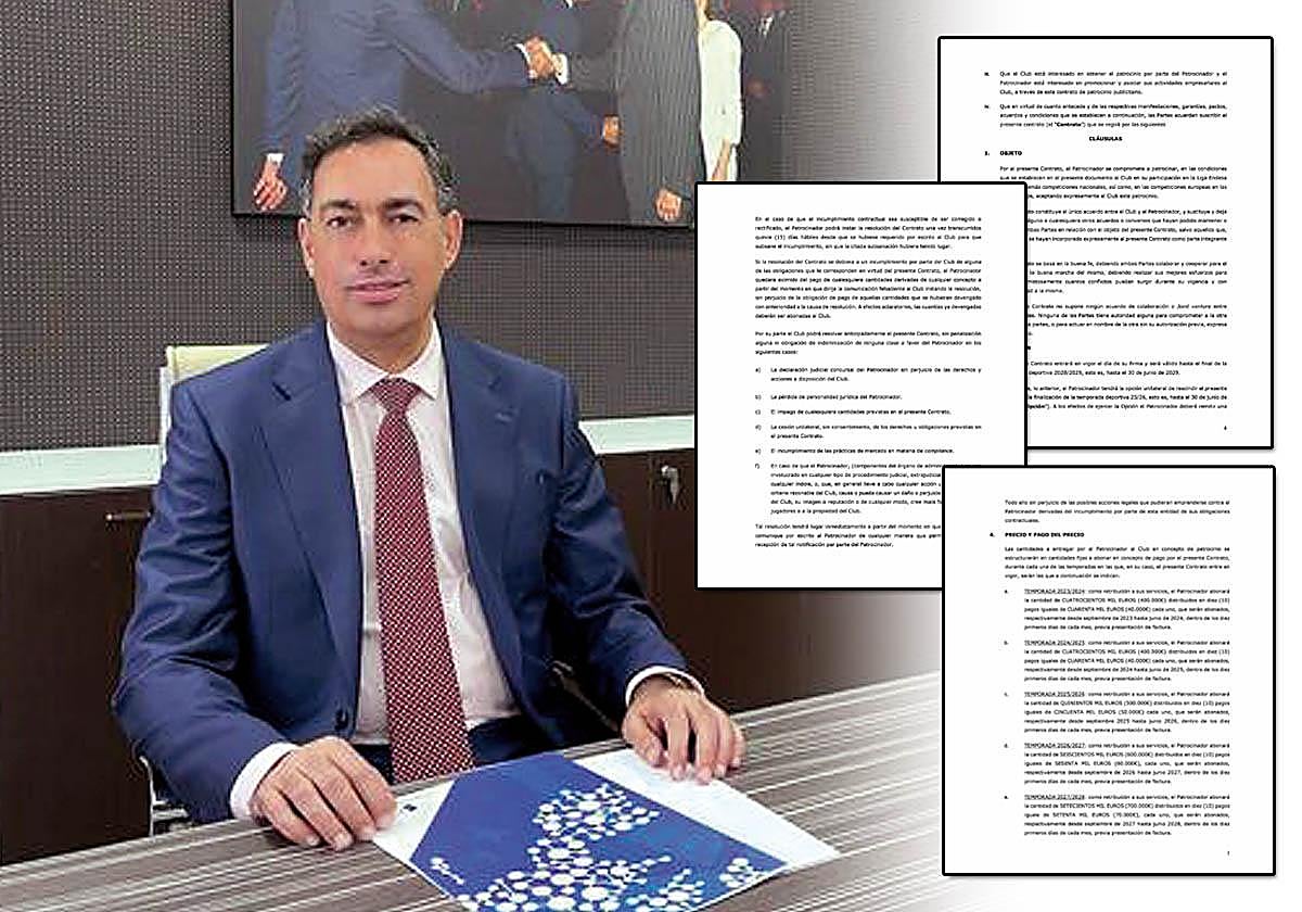 José Antonio Newport, propietario del grupo que lleva su apellido. A la derecha páginas del contrato de patrocinio.