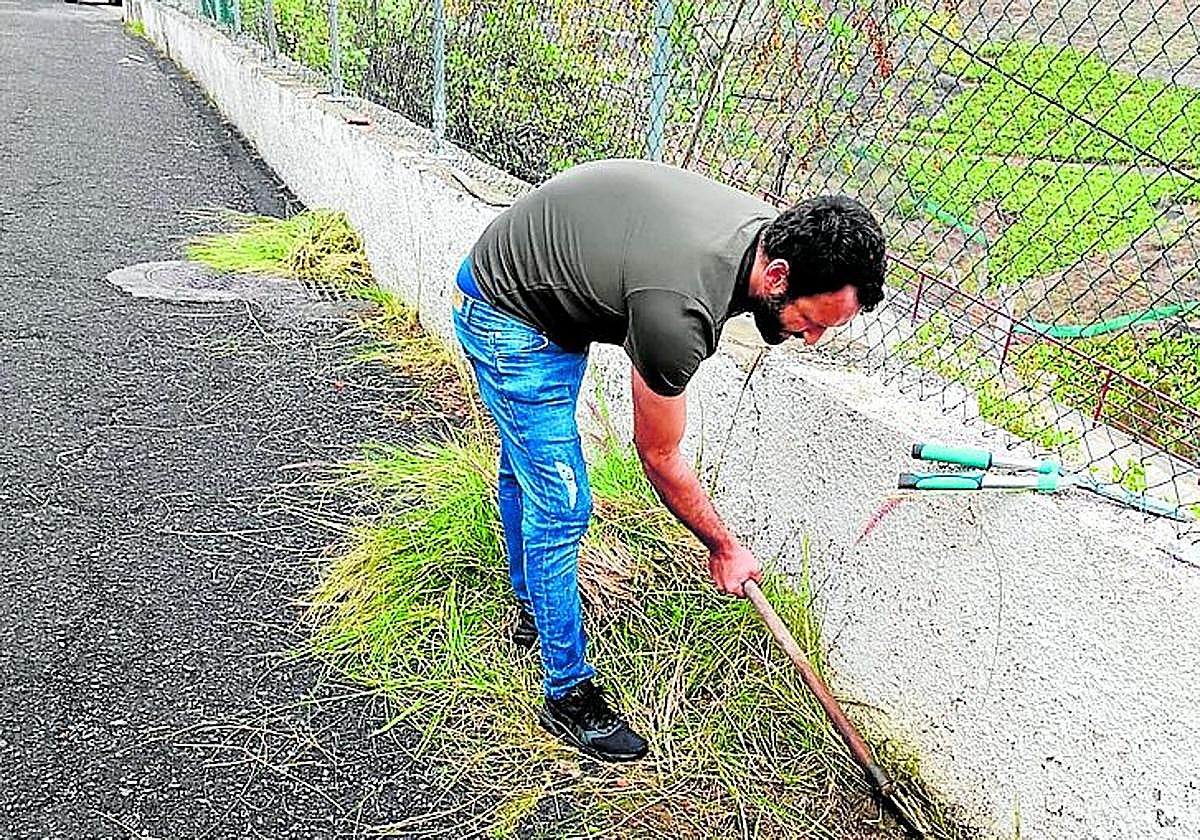 Un vecino de Tenoya realiza labores de jardinería.