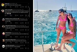Imagen de Misa Rodríguez y Jenni Hermoso en vacaciones. A la izquierda, algunos de los ataques vertidos en redes.