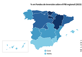 Mapa nacional con el porcentaje de fondos invertidos sobre el PIB regional.