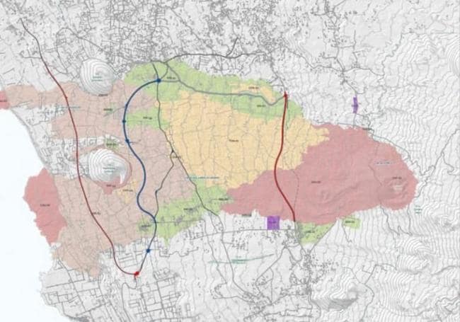 Mapa de zonificación de colores que determina los posibles desarrollo en el malpaís generado por la colada.