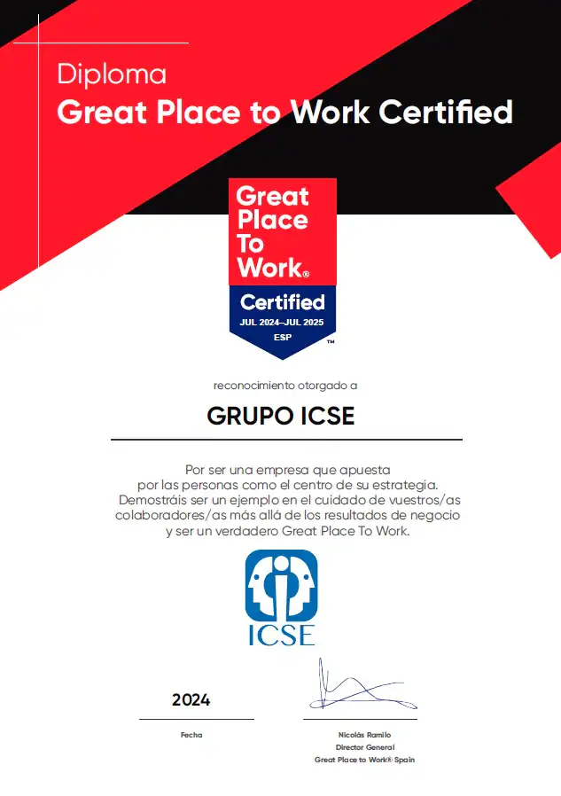 Diploma Great Place to Work obtenido por ICSE.