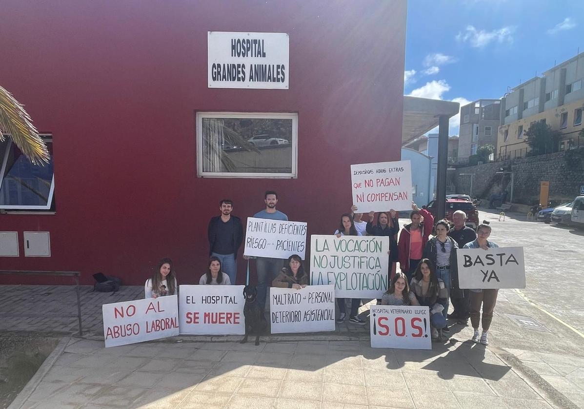 Imagen de los trabajadores y trabajadoras del Hospital Clínico Veterinario de ULPGC concentrados este lunes.