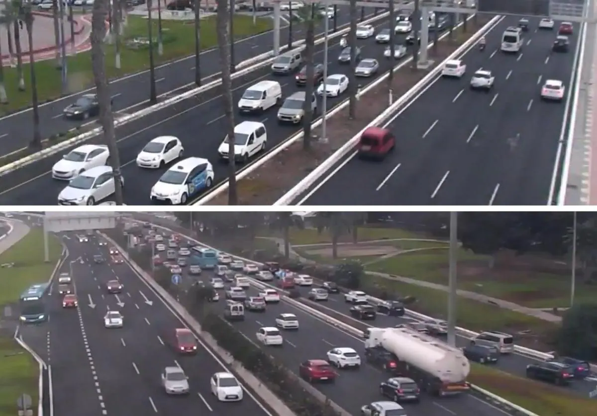 Imágenes de las videocámaras de Tráfico de la capital grancanaria, con las retenciones llegando a la Avenida Marítima hasta la Fuente Luminosa.