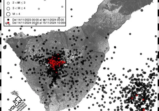 Gráfico de los terremotos registrados en las últimas horas. En negro, los detectados durante este jueves y en rojo, los registrados este viernes.