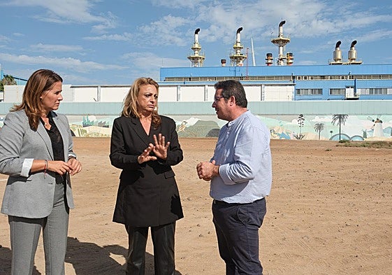 La presidenta Lola García, la diputada Cristina Valido y el alcalde capitalino, David de Vera, en la central eléctrica de El Charco.