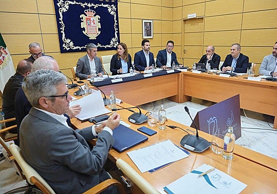 El consejero regional Narvay Quintero y la presidenta majorera Lola García, en la reunión con los responsables de los cabildos canarios celebrada en Fuerteventura.
