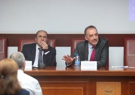 El magistrado del Tribunal Supremo Manuel Marchena (d), durante su ponencia en las jornadas sobre ciberdelincuencia.