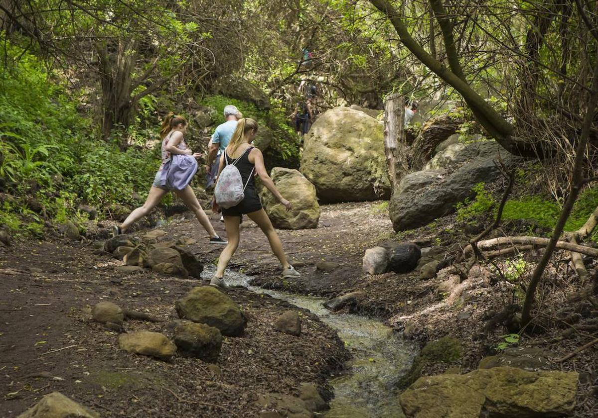 Turistas en la ruta de el Barranco de los Cernícalos rescatada de archivo.