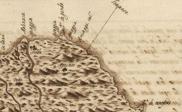 Los lugares de Telde, Agüimes y Tirahana cartografiados circa 1590 por Leonardo Torriani (fragmento).
