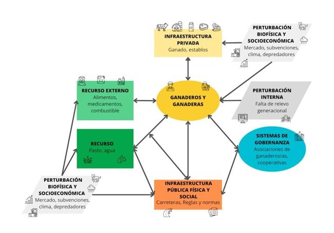 Sistemas ganaderos extensivos representados mediante el marco de sistemas de infraestructuras acopladas. Adaptado de Anderies J. M., Janssen M. A. y Ostrom E. (2004).