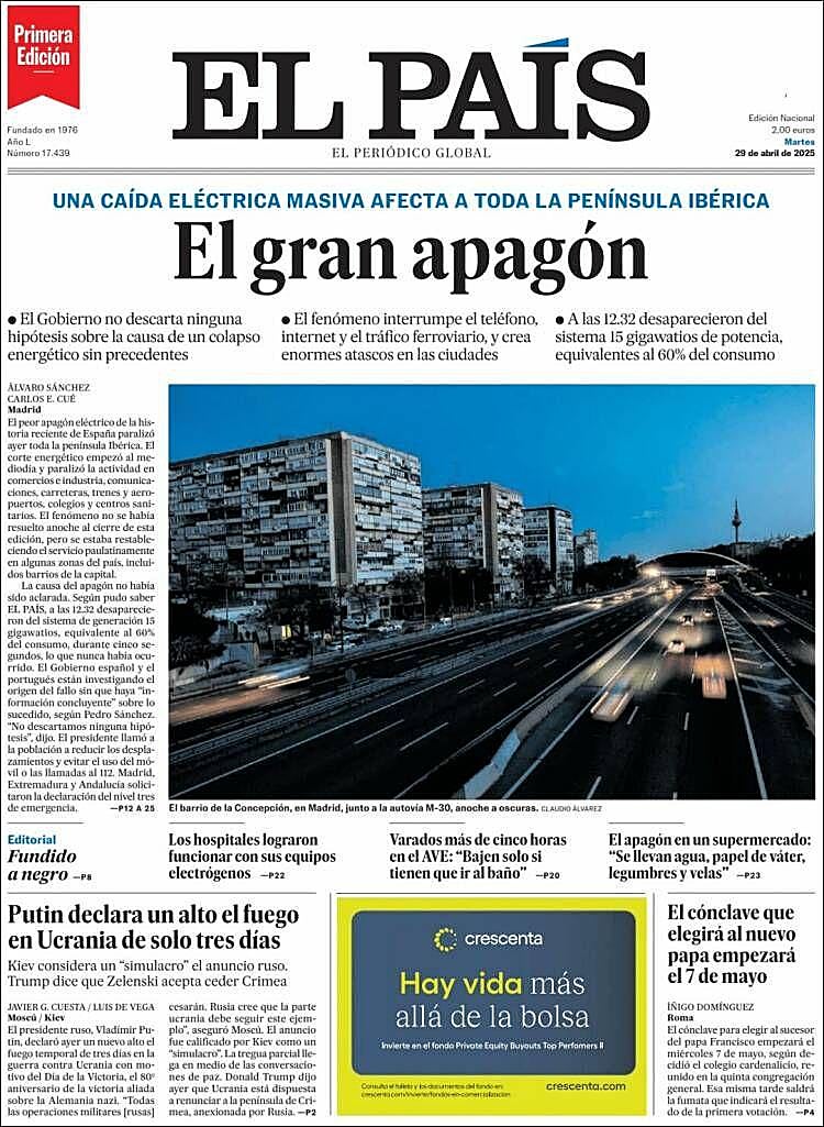 Las portadas de todo el mundo se hacen eco del apagón energético en la península