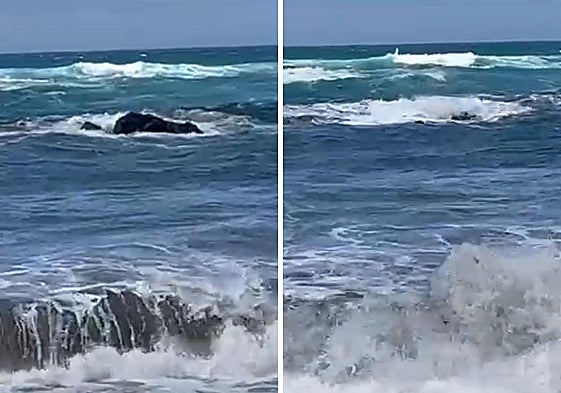 Imagen de la conocida Peña la Vieja cubierta por el oleaje.