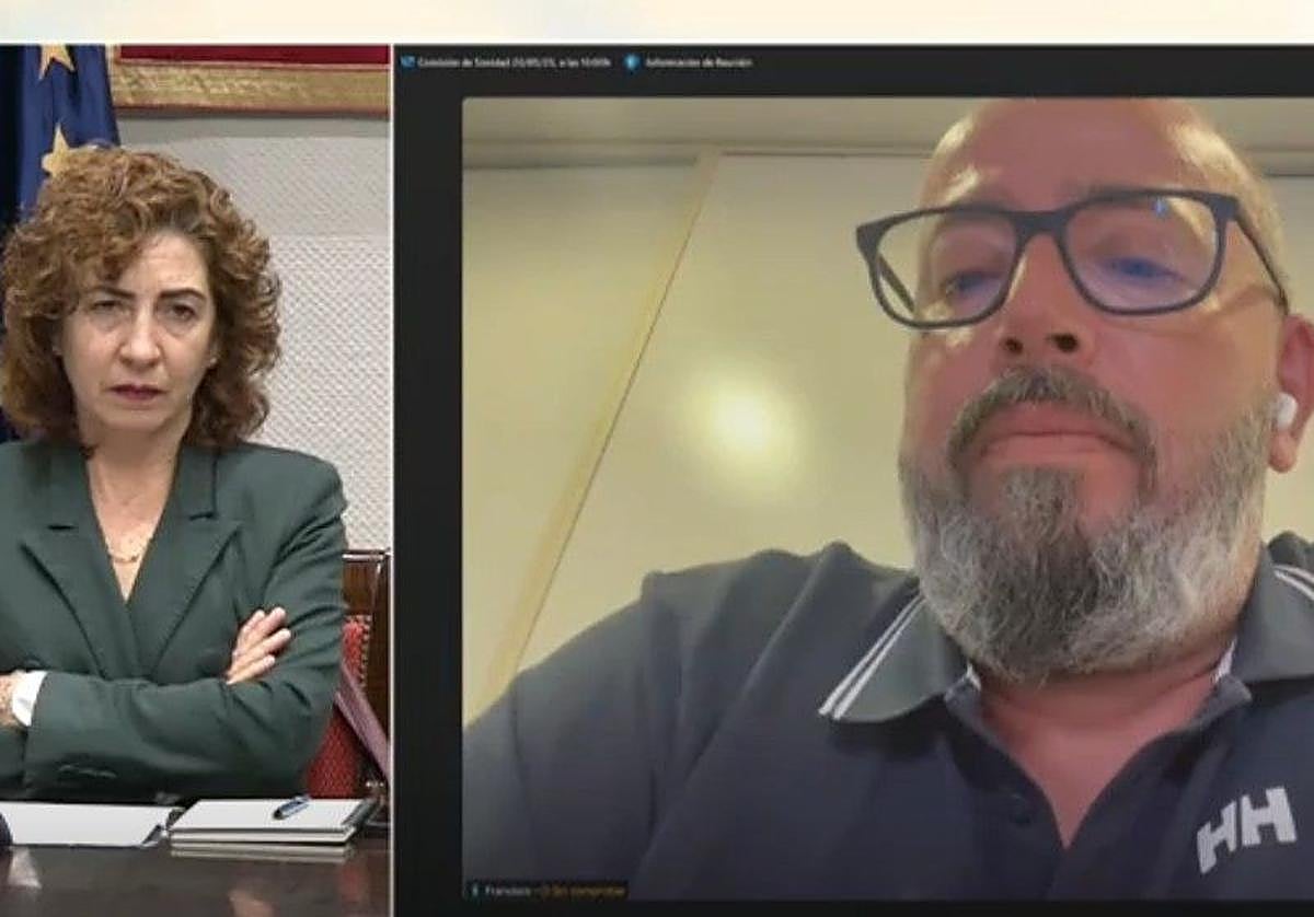 La enfermera Apolonia Ana Rosales y el cuidador Javier Domínguez Sánchez, en su intervención telemática en el Parlamento canario.