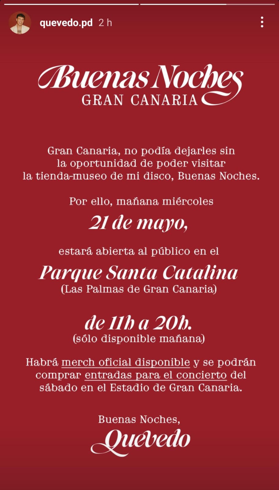Imagen del mensaje de Quevedo en su Instagram.