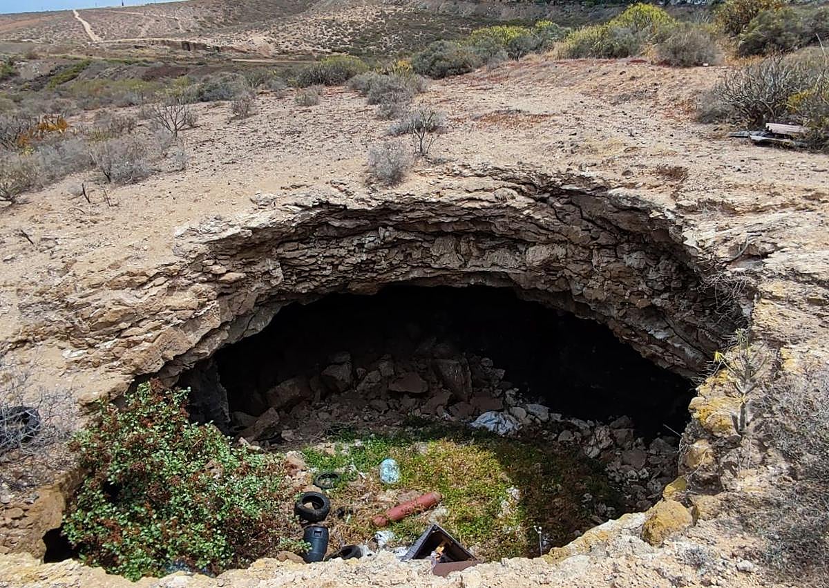 Imagen secundaria 1 - Juan Carlos Lorenzo muestra los dragos y palmeras muertas. Las otras imágenes muestran la basura acumulada y las cuevas desfondadas.