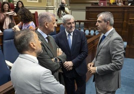 El presidente de Canarias, Fernando Clavijo (CC, 2d), conversa con el vicepresidente, Manuel Domínguez (PP, 1d); y los diputados Francisco Linares (2i) y José Manuel Bermúdez (i)
