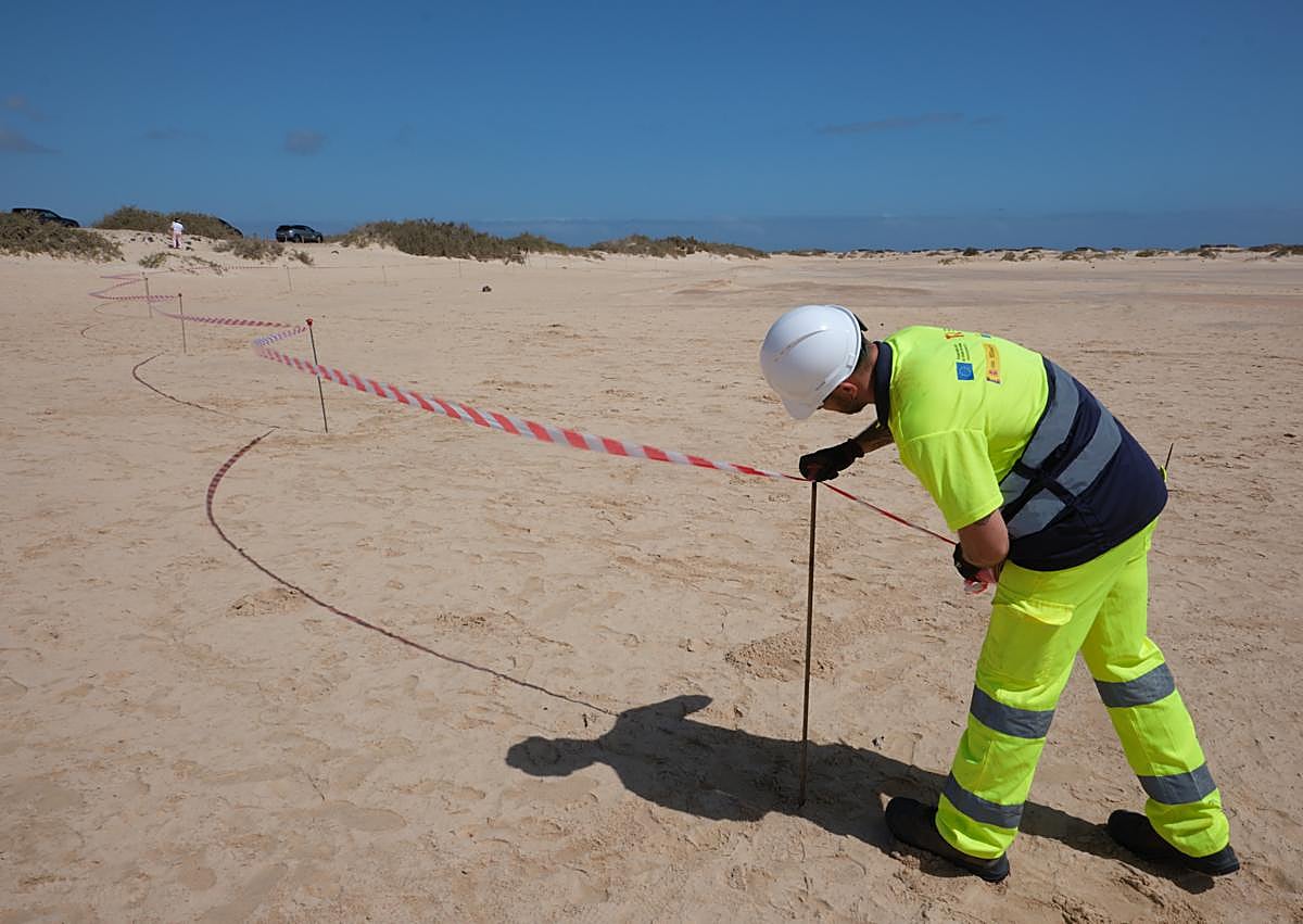 Imagen secundaria 1 - El consejero regional Mariano Hernández Zapata y la primera mandataria majorera, Lola García, en el inicio de las obras de regeneración por Tragsa en la playa del Pozo, en el Parque Natural de las Dunas de Corralejo.