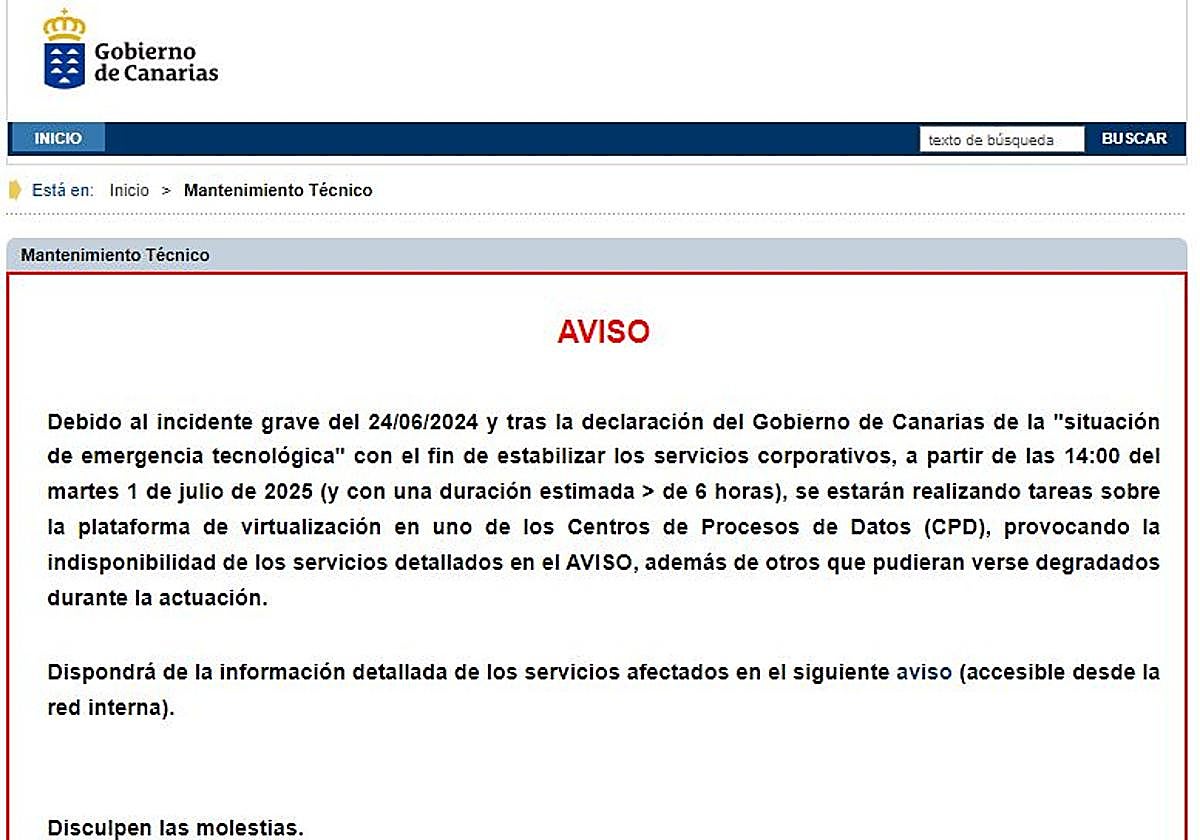 Aviso que aparece al entrar a la página web del Gobierno de Canarias debido a la emergencia tecnológica.