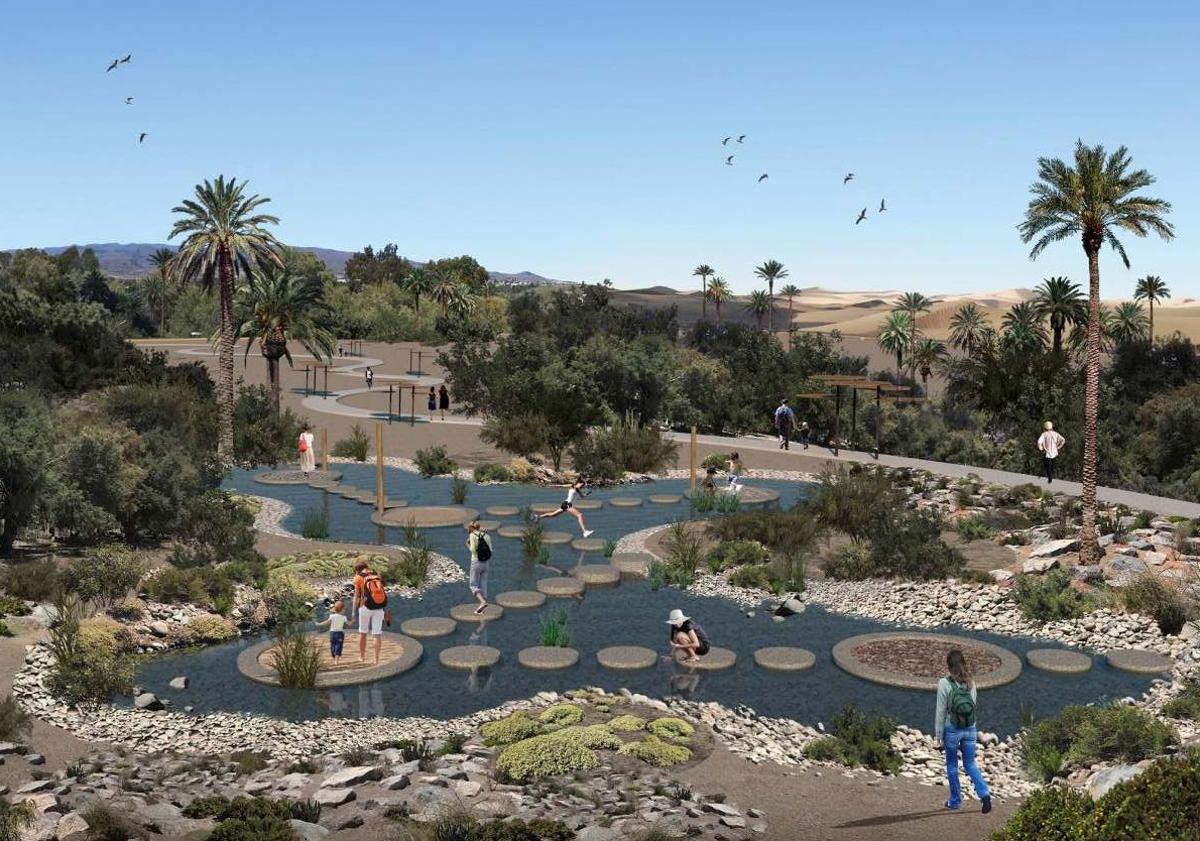 Imagen principal - Arriba, recreación de cómo quedará la futura charca de la zona de agua del recorrido biosaludable. Debajo, el agujero practicado ya para esa charca y operario en la Avenida de Neckerman, cuyo asfalto será retirado.