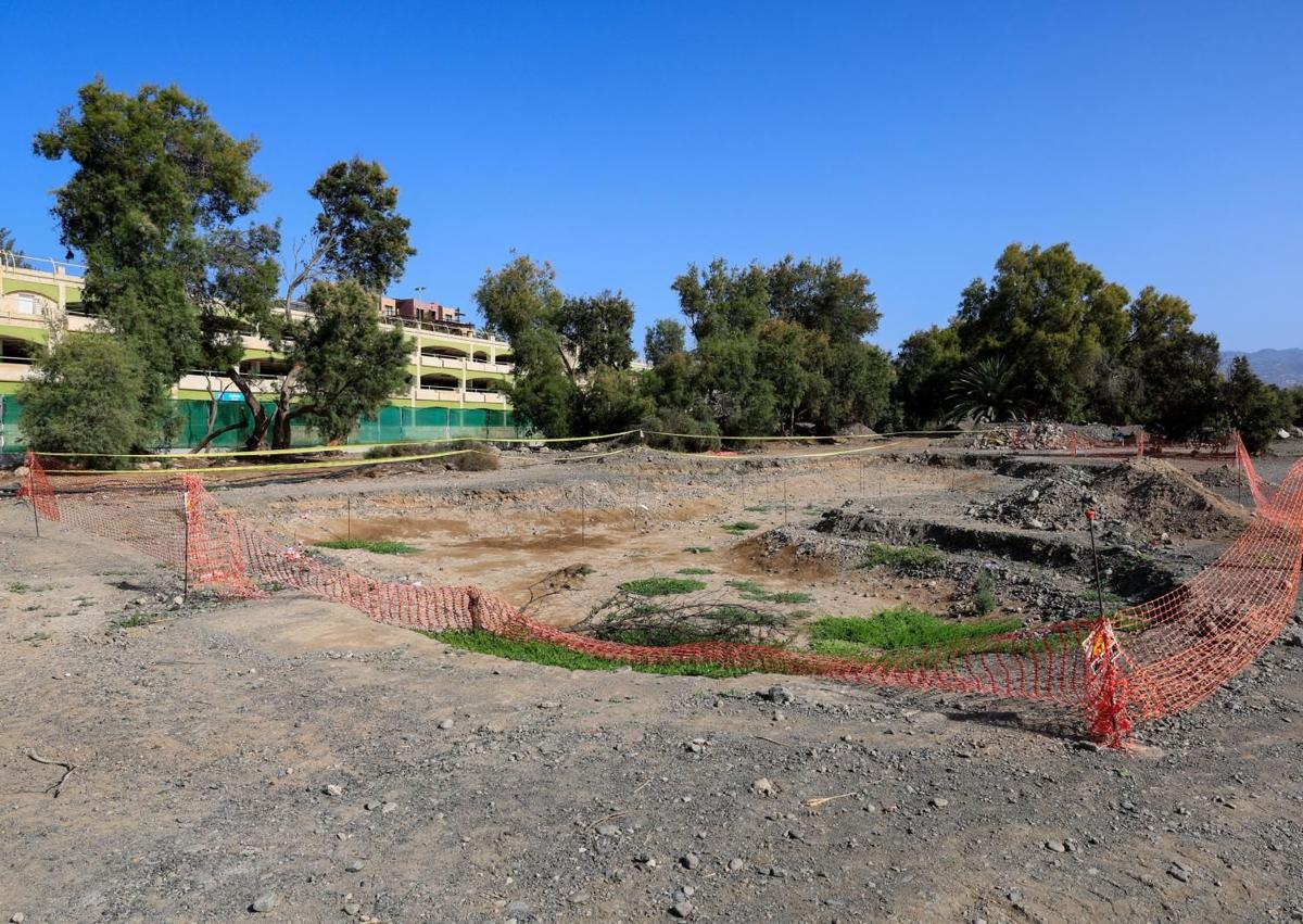Imagen secundaria 1 - Arriba, recreación de cómo quedará la futura charca de la zona de agua del recorrido biosaludable. Debajo, el agujero practicado ya para esa charca y operario en la Avenida de Neckerman, cuyo asfalto será retirado.