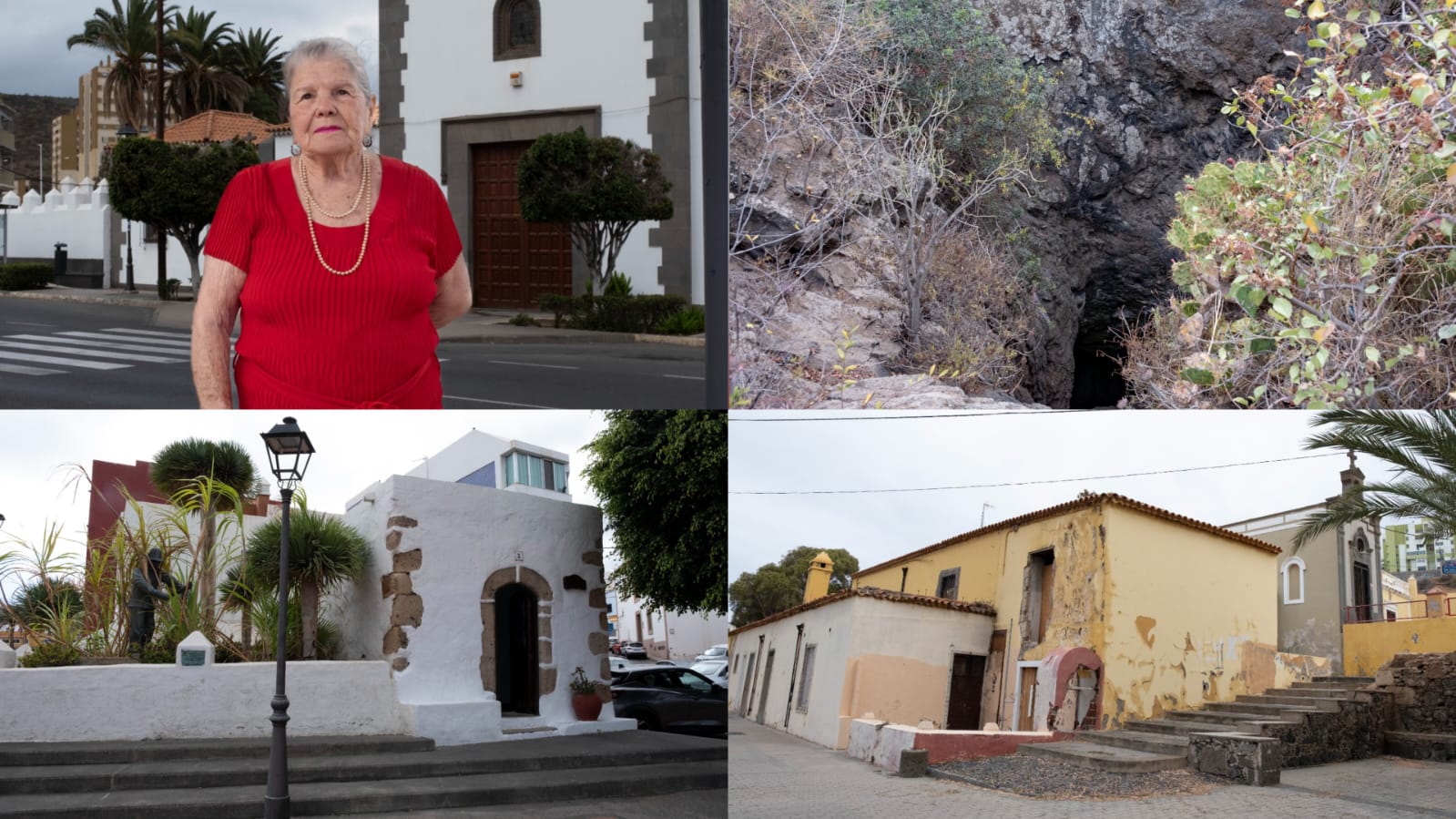 Arriba a la izquierda Victoria Castro, vecina del pueblo, al lado la Sima de Jinámar, debajo la Casa de la Condesa y a su lado la casa del Ermitaño.