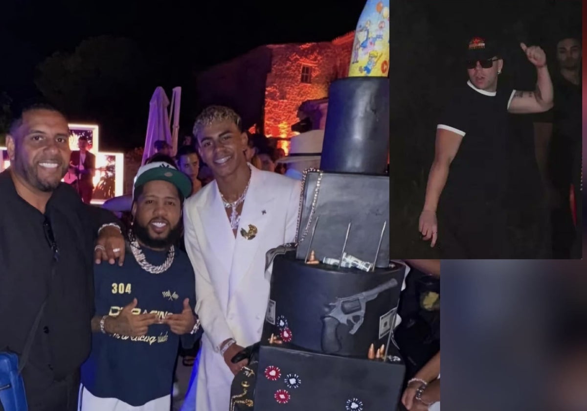 Abajo, el artista Chimbala junto a Lamine Yamal. Arriba, Quevedo durante la fiesta