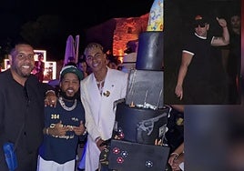 Abajo, el artista Chimbala junto a Lamine Yamal. Arriba, Quevedo durante la fiesta