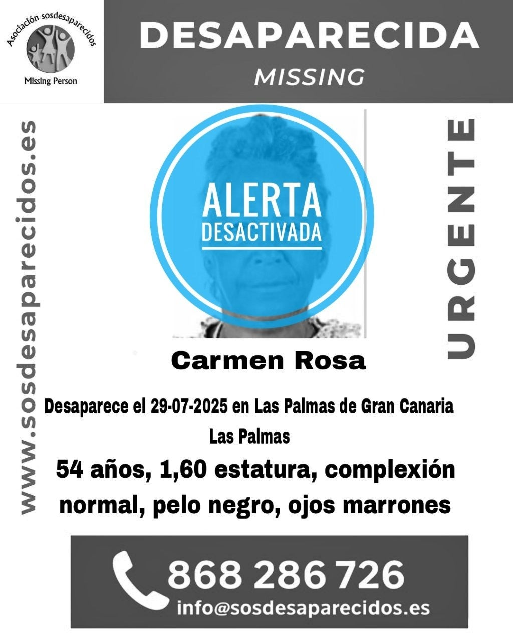 Desactivan la alerta de desaparecida de Carmen Rosa.