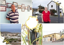 Arriba a la izquierda Victoria Castro, vecina del pueblo, al lado la Sima de Jinámar, debajo la Casa de la Condesa y a su lado la casa del Ermitaño.